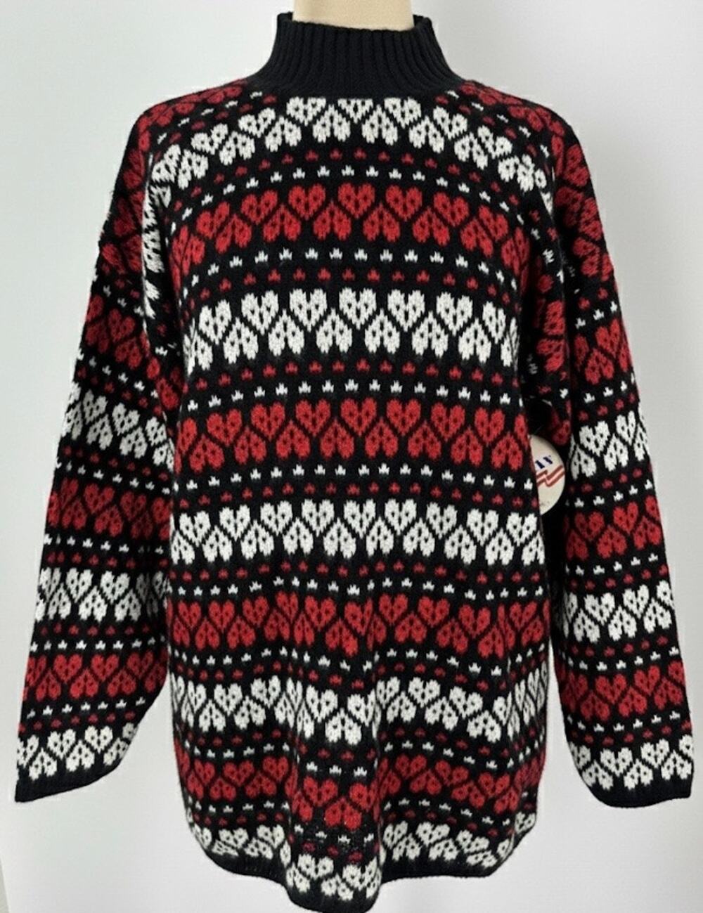Vintage Heart Striped Knit Mock Neck Sweater Deadstock NWT Twee Retro Love - L
